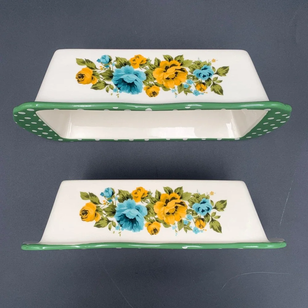 Pioneer Woman Rose Shadow Loaf Pan Set of 2 Stoneware Green Polka Dot Floral